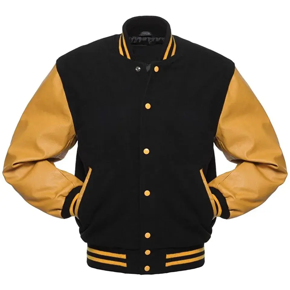 Custom Varsity Jack Tri Color Contrast Rib Gebreide Kraag Manchetten En Zoom Drukknopen Twee Zakken Op Voorste Lettermannen Jas