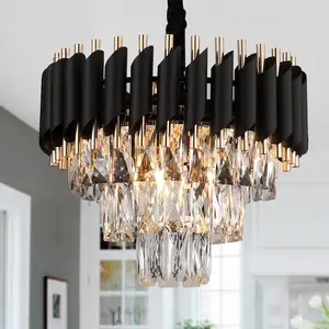 Round Indoor Luxury Ceiling Chandelier Black Gold LED Home Modern Crystal Chandeliers Pendant Lights Hanging Lamp