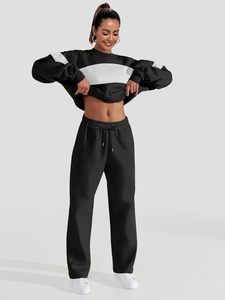 ชุดวอร์ม2ชิ้นสำหรับผู้หญิงชุดวิ่งออกกำลังกายแบบมีซิปและกางเกงวิ่งขากว้างลายสีตัดกันชุดวอร์มสำหรับเดินทาง - Product Image 3