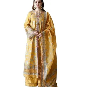 Salwar Kameez Feestkleding Designer Bruiloft Pakistani Indianenjurk Ontwerper Geïnspireerde Gele Luxe Gazon Collectie 2023