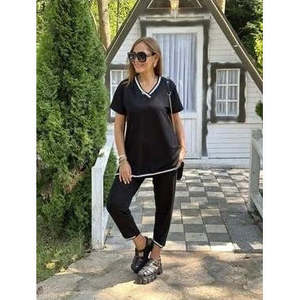 Ensemble deux pièces pour femme, chemisier à manches courtes et col en V, pantalon, 35789 - Noir - Product Image 3