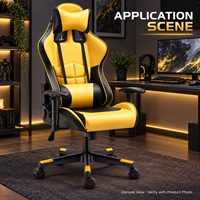 Chaise de jeu en PVC noir et jaune avec accoudoirs réglables, appui-tête et coussins lombaires, et base en nylon