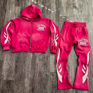 Ensemble de survêtement unisexe personnalisé en polaire surdimensionné avec fermeture éclair, effet délavé et appliqués, pour l'automne, comprenant un sweat à capuche et un pantalon de jogging évasé - Product Image 3