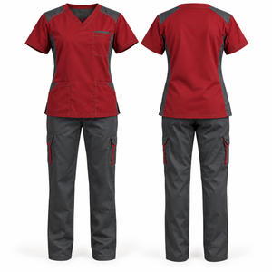 Conjunto de Uniforme Médico Personalizado para Mujer, Color Rojo con Detalles Grises, Blusa con Cuello en V, Pantalones Cargo, Uniformes de Hospital, Tela de Algodón y Poliéster - Product Image 1