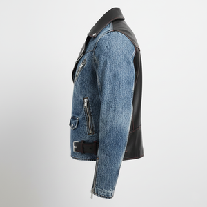 Veste moto en cuir véritable noir et denim délavé personnalisée OEM, style rétro des années 80, veste streetwear à deux tissus - Product Image 3