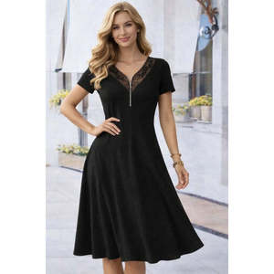 Robe longue en viscose à manches courtes et col en V avec fermeture éclair en dentelle pour femme, 33110 - Noir - Product Image 3