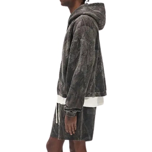 Sweat à capuche oversize vintage délavé 100% coton doublé polaire camouflage écologique anti-rétrécissement hiver 400/460g OEM/ODM - Product Image 6