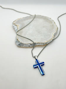 Collar de Cruz Azul de acero inoxidable de estilo veraniego Gargantilla de moda con textura de escamas y cadena de cuentas chapada en plata - Product Image 2