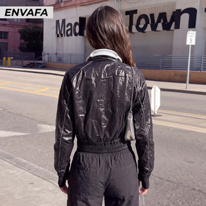 Black Glossy Cropped Windbreaker High Neck <b>Zip</b>-<b>Up</b> <b>Jacket</b> Waterproof Faux Motorcycle <b>Jacket</b> Trendy Streetwear Eco-Friendly Short - Product Image 2