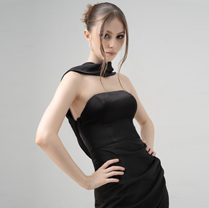 Vestido de satén con abertura A-Line Sexy Back Vestido negro Ropa de mujer ODM Tea-Length Vestidos elegantes con hombros descubiertos Fabricantes de Vietnam - Product Image 4