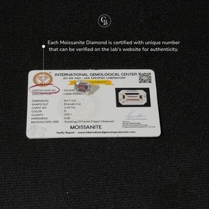 Moissanite D VVS1 certifiée taille émeraude, diamant non monté - Product Image 3
