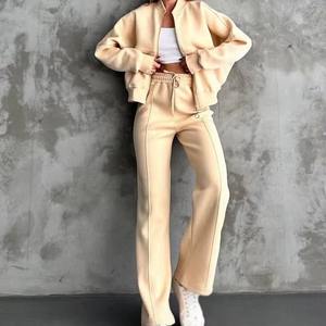 Ensemble décontracté 2 pièces pour femmes de grande taille, sweat-shirt court à fermeture éclair intégrale de haute qualité, pantalon de survêtement évasé personnalisé pour femmes - Product Image 3