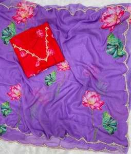 Sari en organza à imprimé floral Tebby avec travail manuel Katdana, imprimé, pour les occasions spéciales, vêtements ethniques tendance, exclusif - Product Image 3