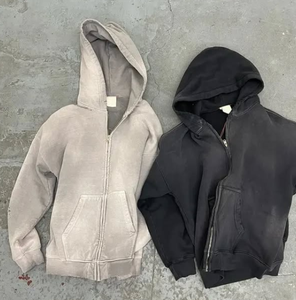 À capuche de qualité sans ficelle polaire vierge zip up vintage double couche lavé soleil fané sweats à capuche en détresse pour hommes - Product Image 1