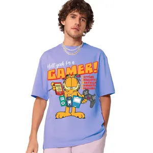 Erkek mor oyun Garfield grafik baskılı boy T-Shirt tüm hava nefes gömlek her gün kısa kollu Tees giymek