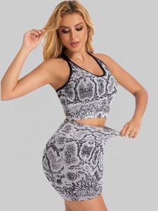 Snake Print Racerback <b>Crop</b> <b>Top</b> High Waist Shorts 2 Piece Yoga Set Four-Way Stretch Seamless Spandex Polyester - Product Image 3