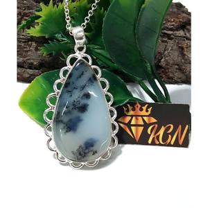 Collar de Plata de Ley 925 con Colgante de Ópalo Dendrítico Natural en Forma de Pera con Diseño Floral Moderno Unisex - Product Image 2
