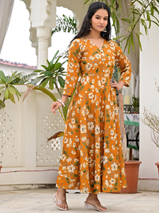 Robe décontractée pour femme, imprimé floral orange, 100% coton tissé, écologique, couleur contrastée, col en V long, manches trois quarts - Product Image 5