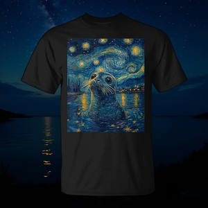 T-shirt promozionale con grafica Notte stellata di Van Gogh e simpatico focaio leone marino - Product Image 3