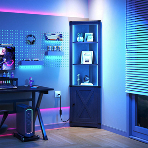 Mueble <span class=keywords><strong>Bar</strong></span> Esquinero Rústico al por Mayor con Luces LED, Gabinete de Almacenamiento de Licores de Madera Negra, Vitrina Alta para el Hogar - Product Image 1