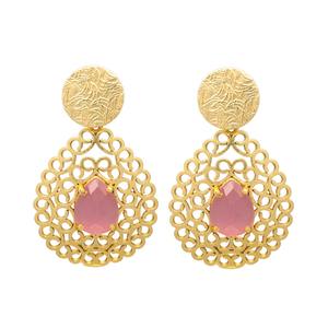 New Arrival Gold Tone <b>Petal</b> Shaped Drop Earrings with <b>pink</b> Chaceldony Gemstone Brass Earrings - Product Image 1