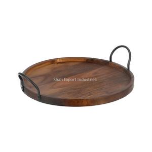 Plateau de service de nourriture en bois de forme ronde de nouveau style avec poignées en métal noir plateaux d'appareils de cuisine polyvalents - Product Image 1