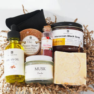 Kit de Regalo para Spa Hammam Marroquí |   Jabón Negro, Guante Kessa, Arcilla Ghassoul, Aceite de Argán, Agua de Rosas, Paquete de Exfoliación, Set Spa Deluxe Pro - Product Image 1