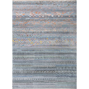 Tapis Manchaha bleu noué à la main en laine et soie de bambou, épaisseur 10 mm, motif géométrique abstrait pour la maison, couloir, modèle rectangulaire - Les-2187 - Product Image 1