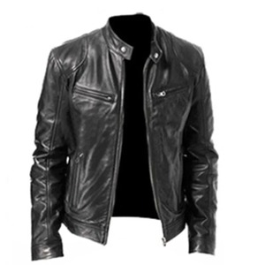 Chaqueta de cuero PU de piel de vaca de talla grande para hombre de estilo callejero, chaqueta ajustada con cuello levantado, solapa de motocicleta antiviento, cremallera Diagonal - Product Image 4