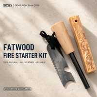 Kit de démarrage de feu en bois gras naturel, tige de ferrocérium, allume-feu en acier avec manche en bois pour le camping et la survie