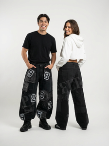 OEM ODM Custom 100% High Quality Number Patch Wide Leg Denim Pants Streetwear Fashion Loose Fit Casual Jeans Denim <b>Trousers</b> - Product Image 2