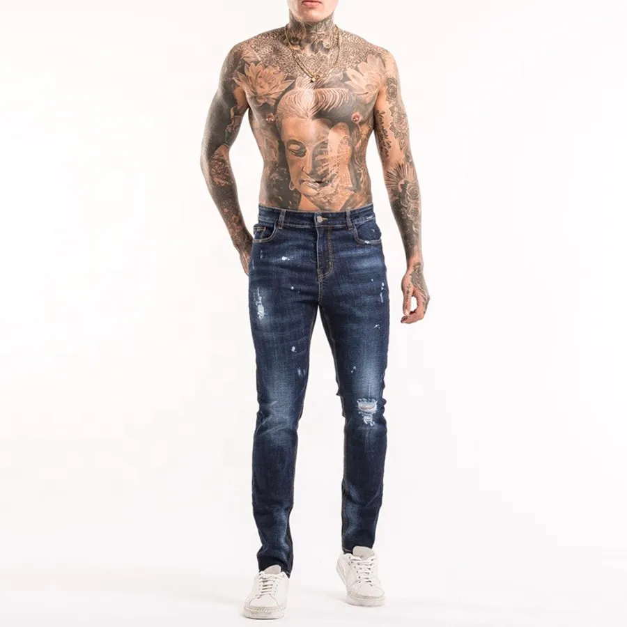 Precio bajo al por mayor logotipo personalizado pantalones de mezclilla de los hombres de moda Retro lavado rasgado Casual Slim Skinny Fit Jeans de los hombres