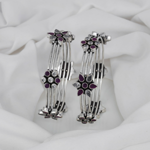 <b>Vintage</b> Inspired 925 Silver Floral Design Bridal Bangles Purple Clear Stones Fine Jewelry Sets Handmade with Classic Style - Product Image 1