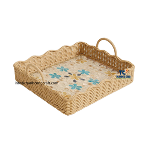 Plateau décoratif en rotin carré du Vietnam avec incrustation de capiz en nacre pour cadeau de vacances Ramadan ou affichage à la maison - Product Image 1