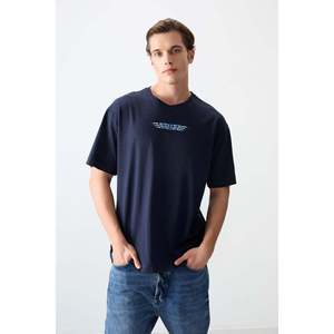 Camiseta de Hombre Azul Marino 100% Algodón Jersey Grueso Suave Texturizado Corte Holgado Estampada-88356 - Product Image 3