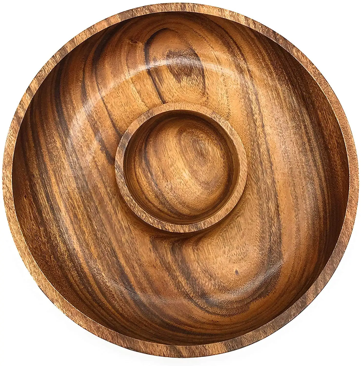 Classic Acacia Wood Chip and Dip Specialty Salsa Bowl Plate Tray 10 D x 1.5 Inches Thick Brown