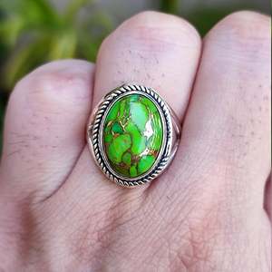 925 Sterling Silver Boho <b>Ring</b> Handmade Green Copper Turquoise Inlay <b>Statement</b> <b>Ring</b> for Women Licensed Private Brand Gift Idea - Product Image 3