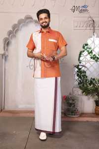 High Quality Custom Men's Summer Casual Button-Down Dhotis <b>Red</b> White Color-Blocked <b>Satin</b> Weave Breathable Cuban Collar 100% - Product Image 3