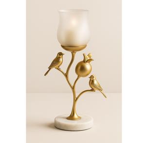 Trendy Antique bronze metal <b>candle</b> <b>holder</b> with leaf branch design and <b>glass</b> <b>hurricane</b> shade for elegant home decor dining tables - Product Image 2