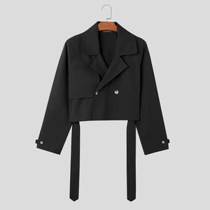 Vestes de ville décontractées de haute qualité pour hommes Manteau court en laine avec fourrure décorative à manches longues et revers de couleur unie avec ceinture - Product Image 2