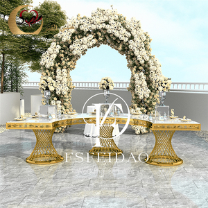 Wedding Furniture Customized Romantic&Elegant Modern Golden Stainless Steel Tempered Glass <b>Top</b> Half Moon Dining <b>Table</b> Set - Product Image 3