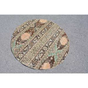 Vintage Turkish <b>Rug</b> 4.2 X 4.2ft Large Area Brown Green Patchwork Design Rectangle Hallway Pattern Wool Seagrass Latex Room <b>Rug</b> - Product Image 4