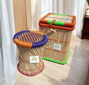 Modern Style New Arrival Natural Bamboo Mudda Stool Ottoman Console with Bone Inlay for Storage of Picnic <b>Laundry</b> or Toys - Product Image 4