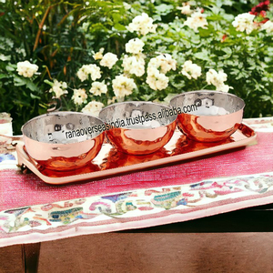 Plato de bandeja para servir con diseño martillado de cobre puro con tres tazones para servir frutas secas - Product Image 5