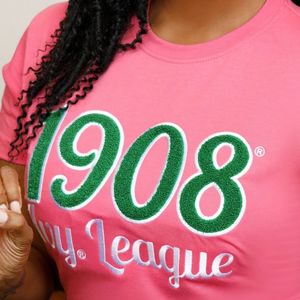 1908 edera lega ciniglia Tee rosa verde confraternita abbigliamento ricamato lettere collegiata cotone vita greca T Shirt da donna - Product Image 6