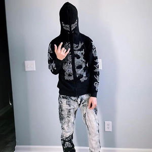 Custom 400 Gsm <b>Mens</b> Full Rhinestone Hoodie Acid Wash Oversized Pullover Dtg Printing Boxy Fit <b>Men</b> Distressed Hoodie - Product Image 6