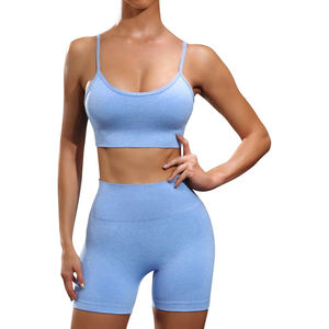 Conjunto de yoga sin costuras para mujer Leggings de cintura alta y Top corto Gymwear Traje de yoga sin costuras de 2 piezas Pantalones cortos de entrenamiento y conjunto de Sujetador deportivo - Product Image 1