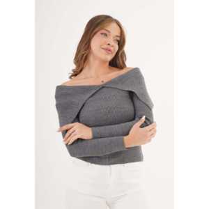 Pull en tricot anthracite pour femme avec col châle, disponible en gros - Product Image 5