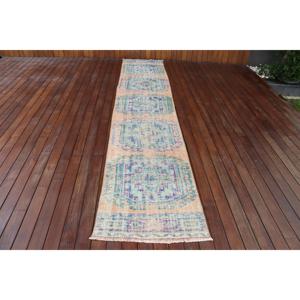 Alfombra Turca Vintage de 2.3x11.8 pies, Alfombra Azul Abstracta de Lana - Product Image 1