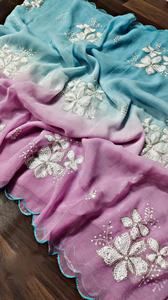 Saree traditionnel indien et pakistanais en soie croquante douce avec un beau travail de séquence pour les mariages et les fêtes - Product Image 2